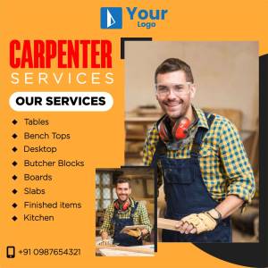 Carpenter working on wood with a list of services offered