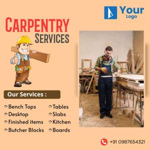 Advertisement for carpentry services featuring a carpenter and a cartoon illustration.