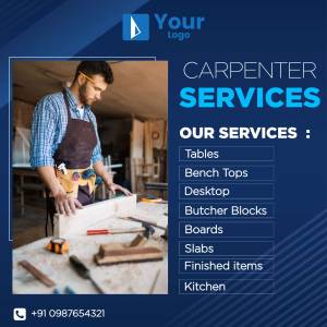 Image of a carpenter working on wood with a list of services offered.