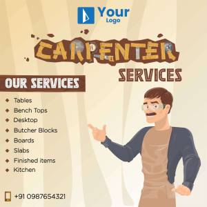 Advertisement for carpenter services including tables, benches, and kitchen installations.