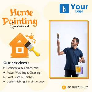 Advertisement for home painting services featuring a painter and painting tools.