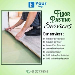 Floor pasting services advertisement with a worker installing flooring