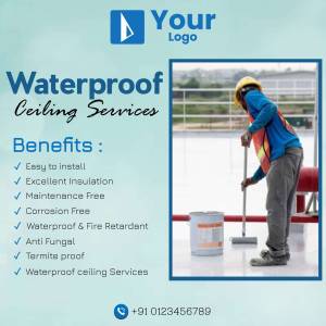 Advertisement for waterproof ceiling services featuring a worker applying sealant.