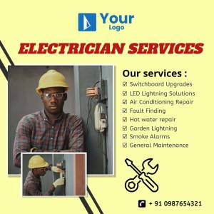Advertisement for electrician services featuring an electrician working on electrical wiring.