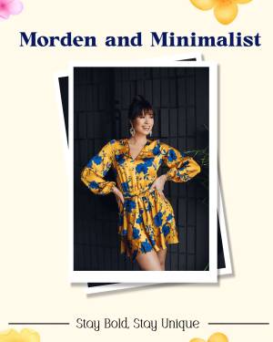 Woman in a yellow and blue floral print dress