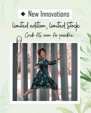 Woman in floral dress jumping between pillars with text overlay 'New Innovations limited edition, limited Stock Grab AS soon as possible'