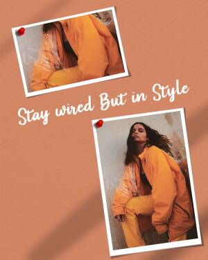 A fashion collage featuring a model in a vibrant orange outfit.