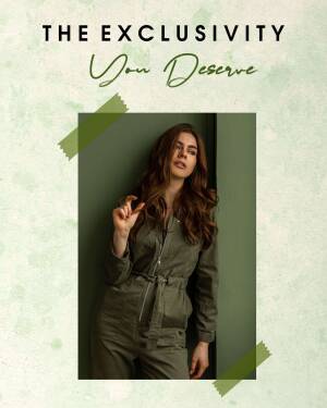 Woman in olive green jumpsuit posing for a fashion advertisement