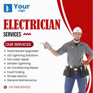 Advertisement for electrician services featuring a professional electrician and a list of services offered.