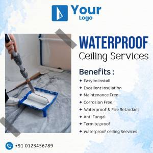 Advertisement for waterproof ceiling services with a worker applying sealant.