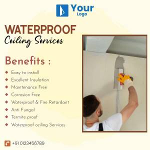 Advertisement for waterproof ceiling services with a worker installing a ceiling.