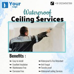 Image of a worker installing a waterproof ceiling with benefits listed below.