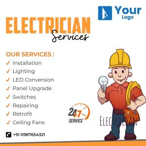 Advertisement for electrician services with a cartoon electrician holding a lightbulb.