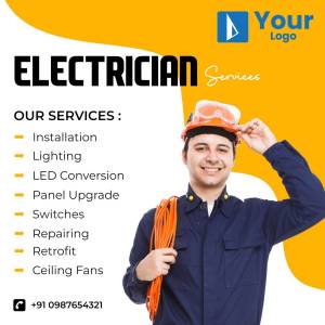 Electrician with safety helmet and tools, advertising electrical services.