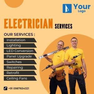 Two electricians in uniform with tools, advertising electrician services.