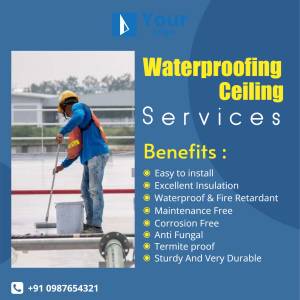 Worker applying waterproofing to a ceiling