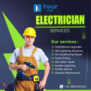 Advertisement for electrician services featuring a professional electrician and a list of services.