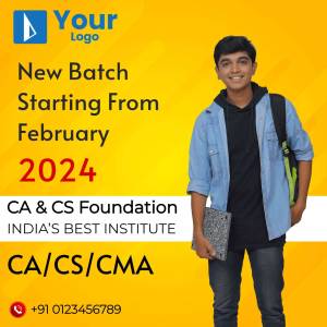 Image promoting a new CA & CS Foundation batch starting in February 2024, featuring a student.