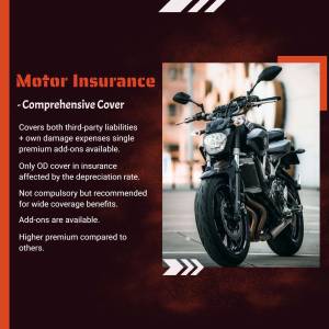 Motorcycle insurance advertisement with a black motorcycle and text highlighting comprehensive cover.