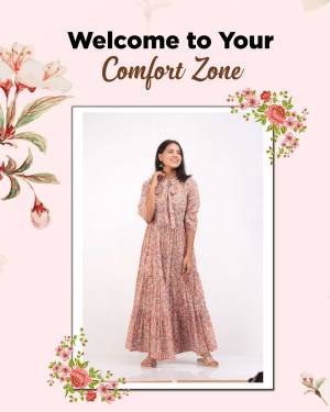 Woman wearing a long floral dress, posing for a comfort zone advertisement.