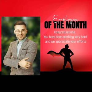 Employee of the Month award with a photo of the recipient and superhero imagery.