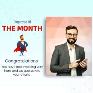 Employee of the Month award with a photo of the recipient and a superhero illustration.