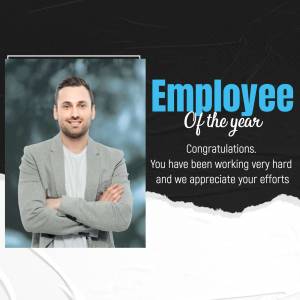 Employee of the Year award with a portrait of a smiling man in a suit.