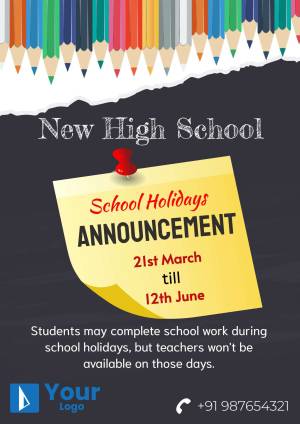 School holiday announcement with colorful pencils and a torn paper effect.