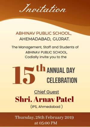 Invitation card for the 15th Annual Day Celebration of Abhinav Public School, Ahmedabad