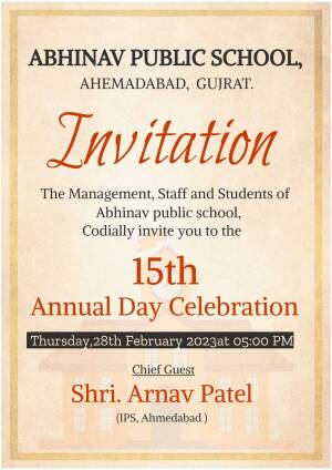 Invitation card for the 15th Annual Day Celebration of Abhinav Public School, Ahmedabad