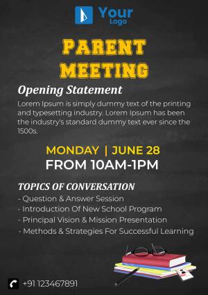 Black chalkboard style parent meeting announcement with yellow text and school supplies