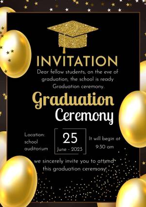Gold graduation cap and balloons on a black background with graduation invitation text.