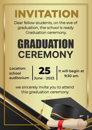 Elegant graduation ceremony invitation with gold accents and a graduation cap.