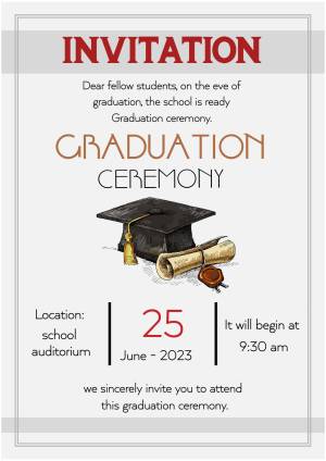 Graduation ceremony invitation with cap and scroll illustration