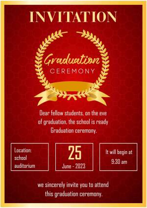 Red and gold graduation invitation with wreath and ribbon