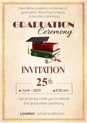 Graduation ceremony invitation with books, cap, and diploma