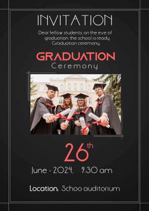 Graduation ceremony invitation with students in caps and gowns