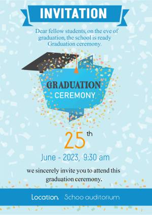 Graduation ceremony invitation with cap and confetti