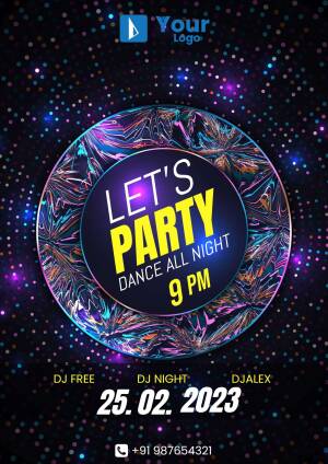 Flyer for a party event with neon lights and text 'Let's Party'