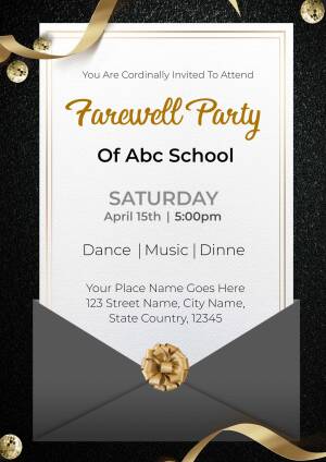 Elegant farewell party invitation with gold accents on a black background.