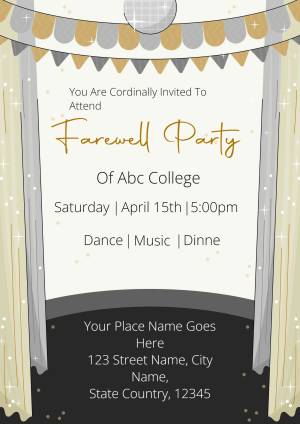 Elegant farewell party invitation with gold and silver accents.