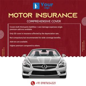 Motor insurance advertisement featuring a silver car and details about comprehensive cover.