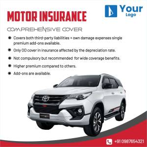 Motor insurance advertisement featuring a white Toyota Fortuner