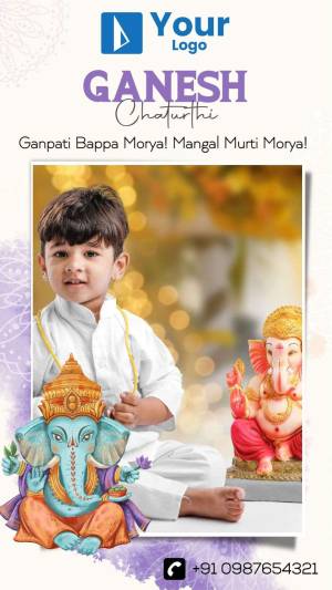 A young boy with a Ganesha idol and festive decorations for Ganesh Chaturthi.