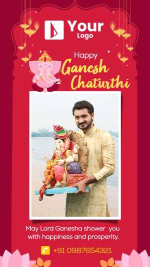Ganesh Chaturthi greeting with a family photo and Lord Ganesha imagery.