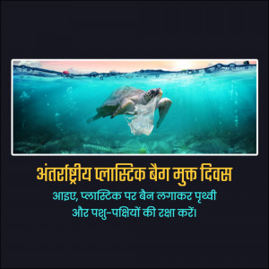 Sea turtle entangled in plastic bag underwater with text in Hindi