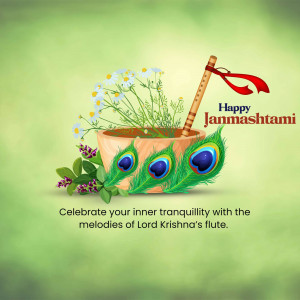 Janmashtami greeting with flute, peacock feathers, and flowers