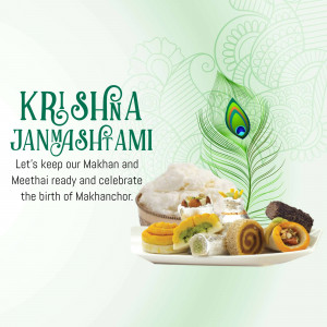 Krishna Janmashtami image with sweets and peacock feather