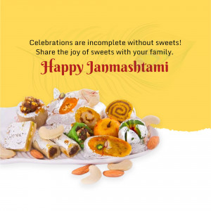 A plate of colorful Indian sweets with a Janmashtami greeting.
