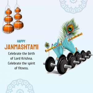 Janmashtami celebration with a fitness theme, featuring Lord Krishna and dumbbells.
